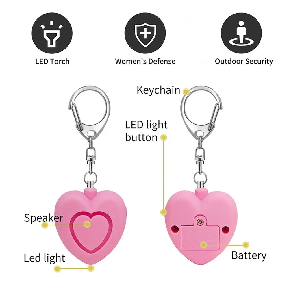 Heart-shaped Anti-wolf Alarm with Lamp High Decibel Kid Call for Help Alarm Female Self-defense Mini Alarm Portable Protection ﻿