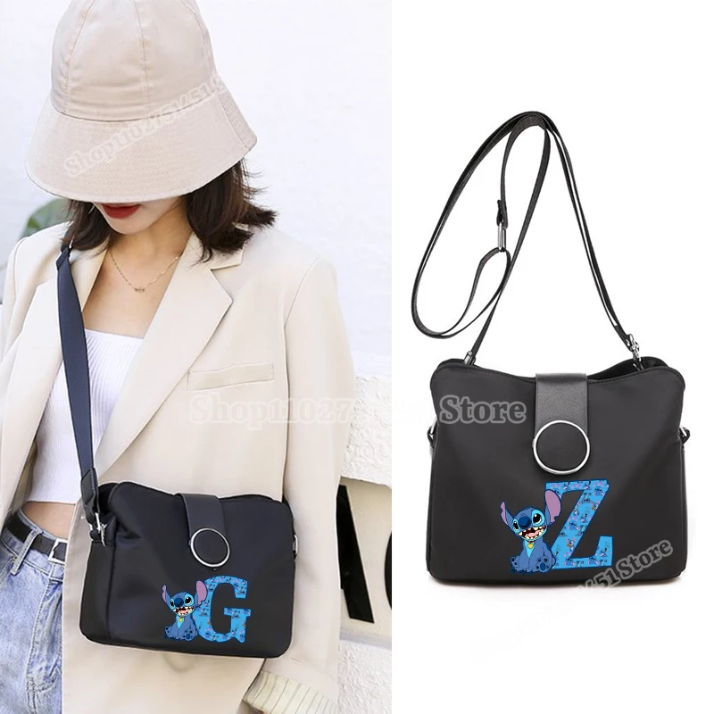 Disney Stitch Letter A-Z Print Crossbody Bag for Women Oxford Shoulderbag Large Capacity Satchel Portable Tote Handbags Cute