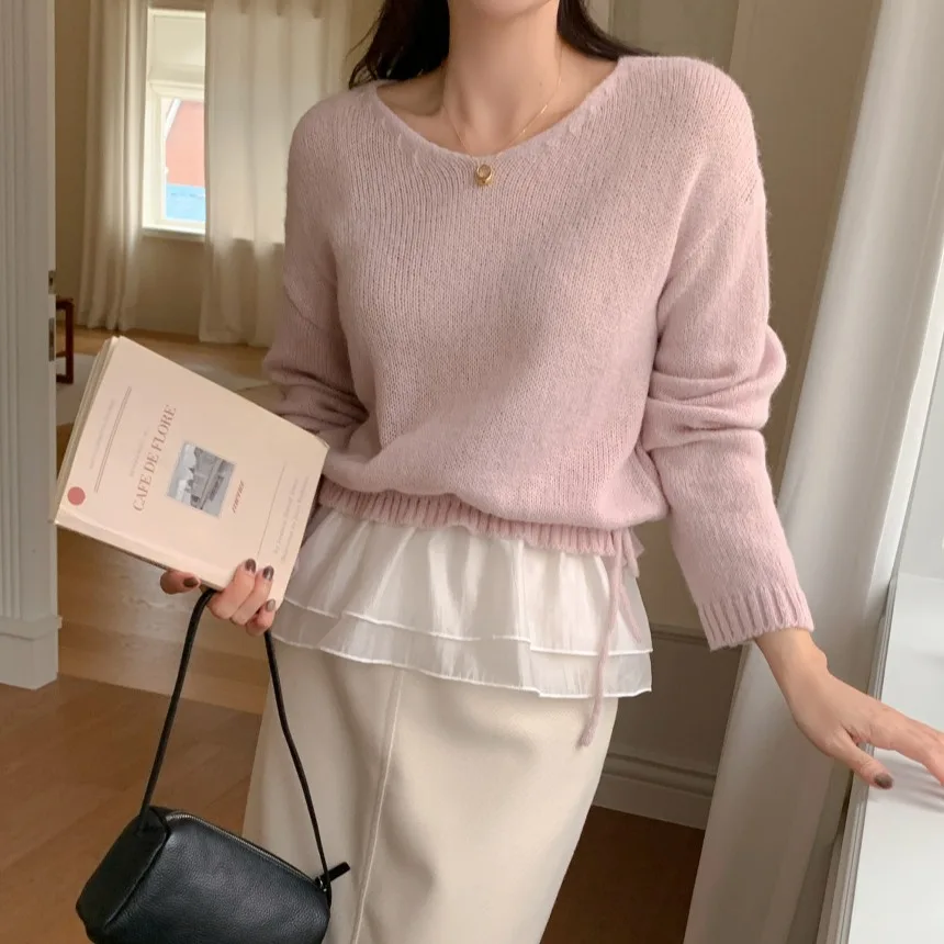 달콤한 니트 스웨터 브이넥 스플라이스 스커트 여성 패션 초봄 신상 다용도 탑 한국 스타일 캐주얼웨어