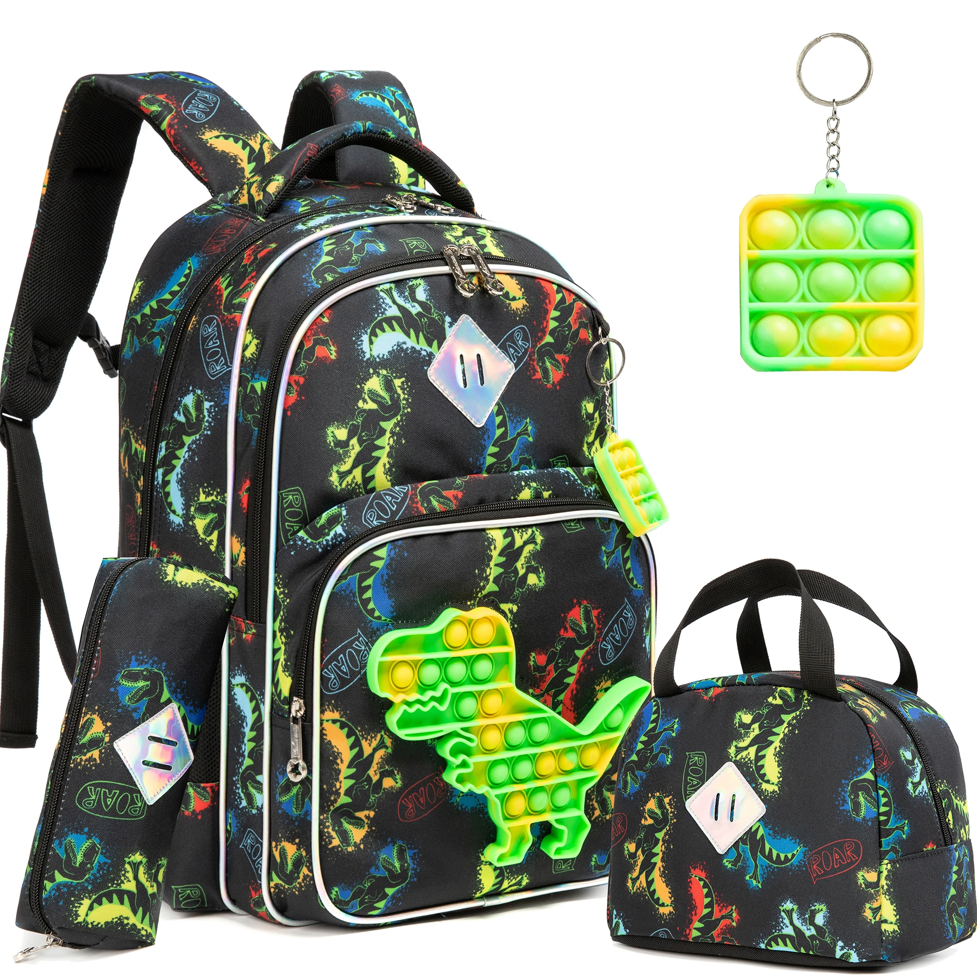 School Backpack for boys  with Lunch Box  for Elementary School Students with POP Unwrapped Toy Pendant