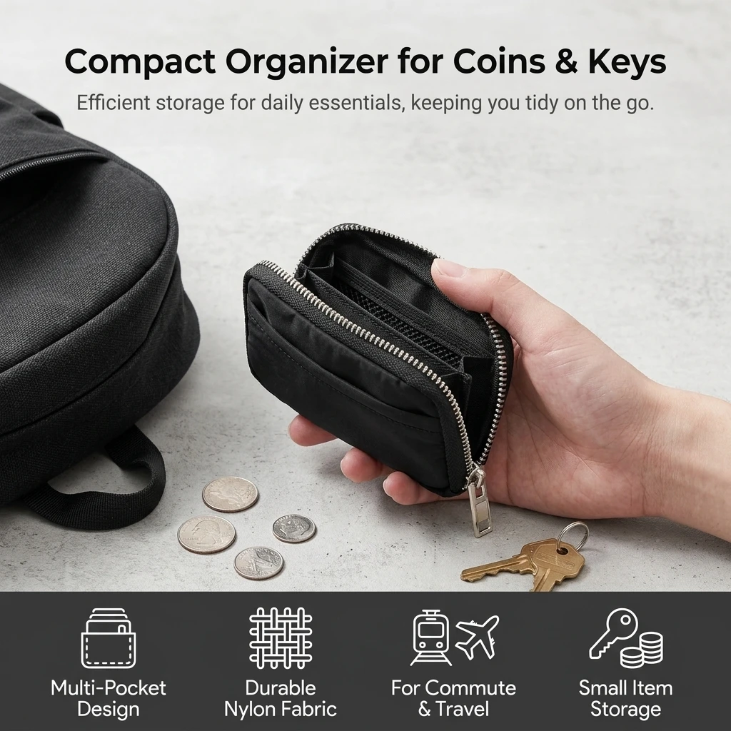 Coin Organizer Bag Durable Nylon Multi-Pocket Small Pouch Portable Storage for Travel Daily Commute Essentials Lightweight