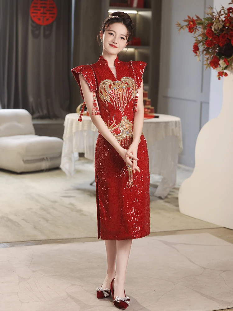 Chinese Traditional Cheongsam Bridal Wedding Toast Clothes Phoenix Applique Sequins Tassel Split Qipao Women Engagement Dress