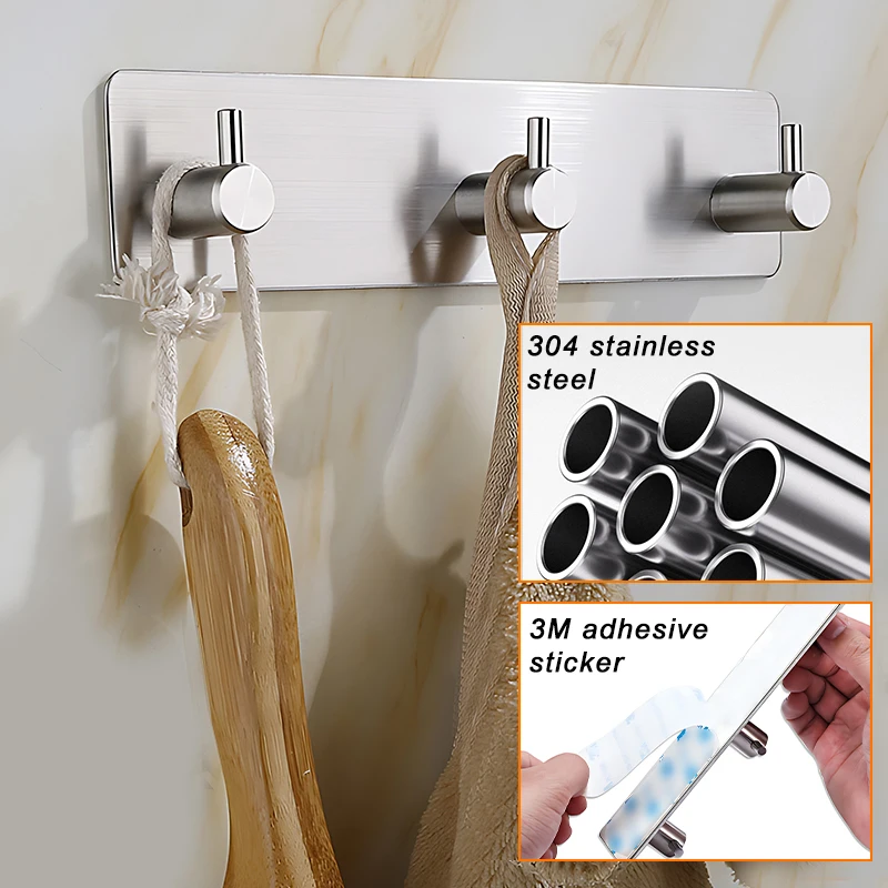 Stainless Steel Self-Adhesive Hooks Towel Holder Coat Hooks Strong Hardware Hanging Hook Metal Sticky Hooks Bathroom Accessories