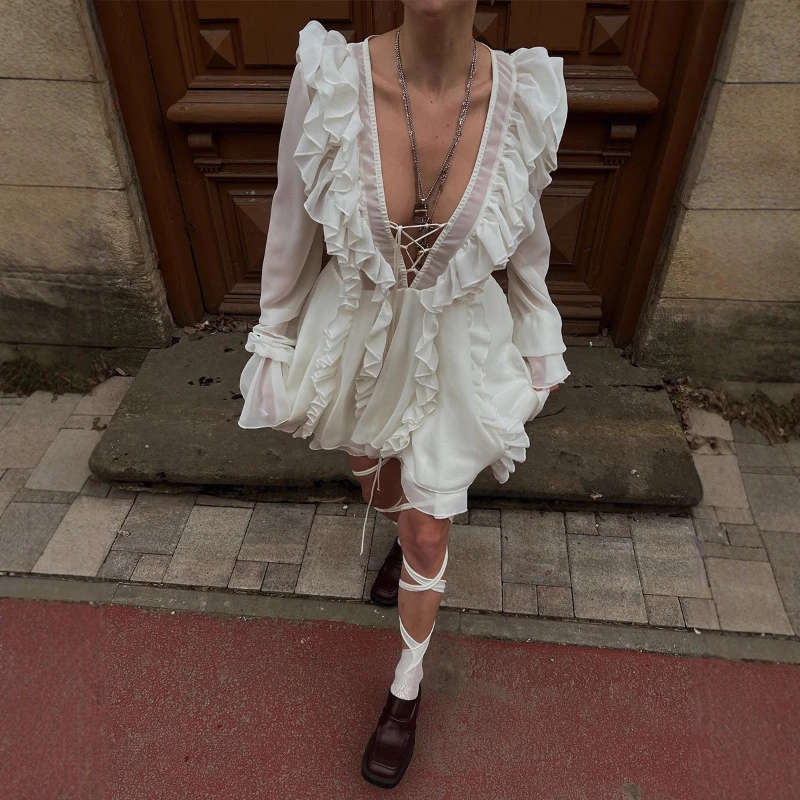 TARUXYRuffled Long-Sleeved Dress Women Summer New V-Neck Chiffon Bandage Solid High-Waisted Mini Dress Female Dating Party Dress