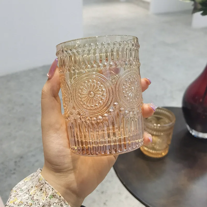 300ml Sunflower Glass Cup Household Retro Water Cup Drinking Bottle for Kitchen/Home Gold Edge Gift Embossed Beer Cup Wholesale