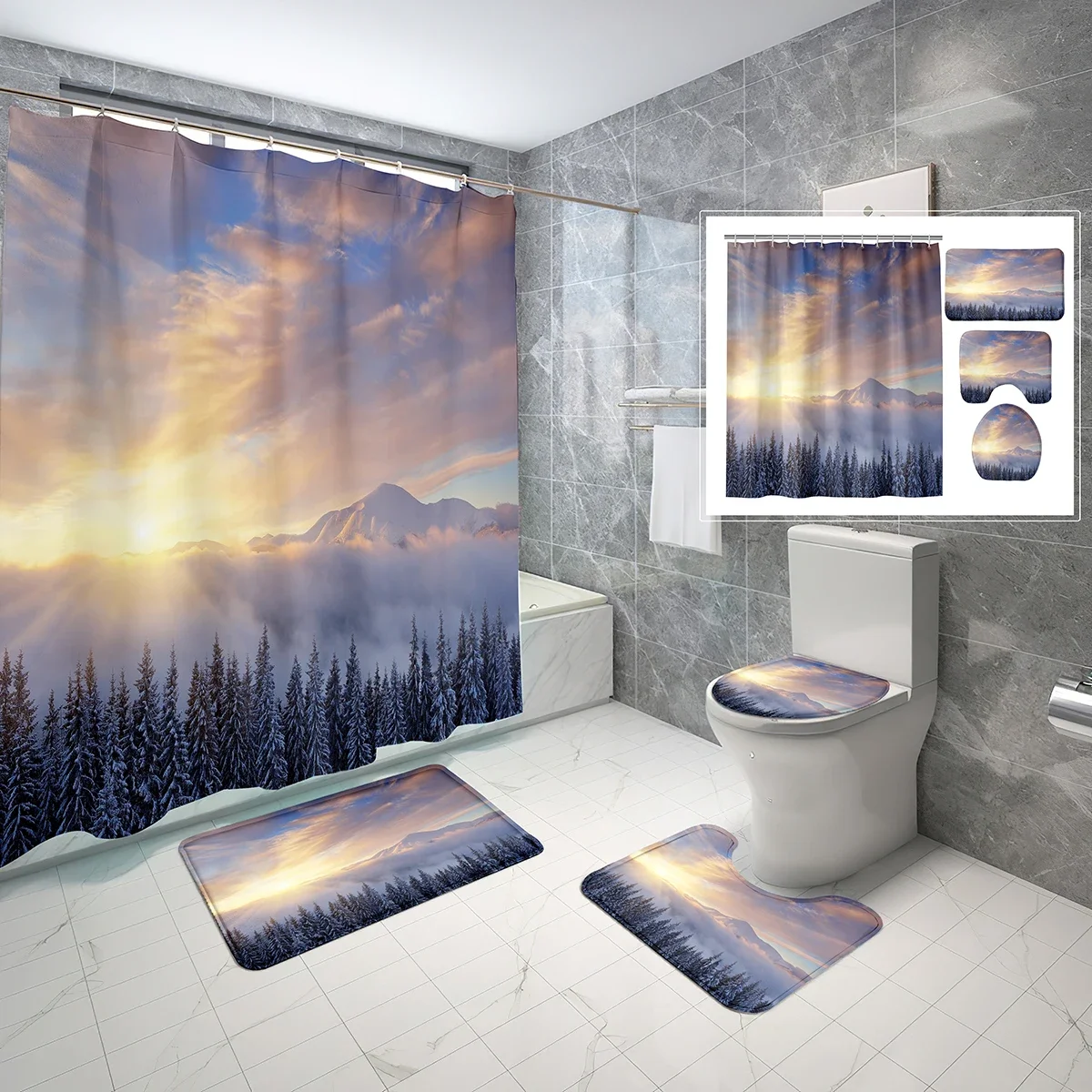 

4 шт. наборы снежных занавесок для душа, зимние снежные горы, лес, восход солнца, водонепроницаемая занавеска для ванной, нескользящий коврик для ванной, набор чехлов для унитаза