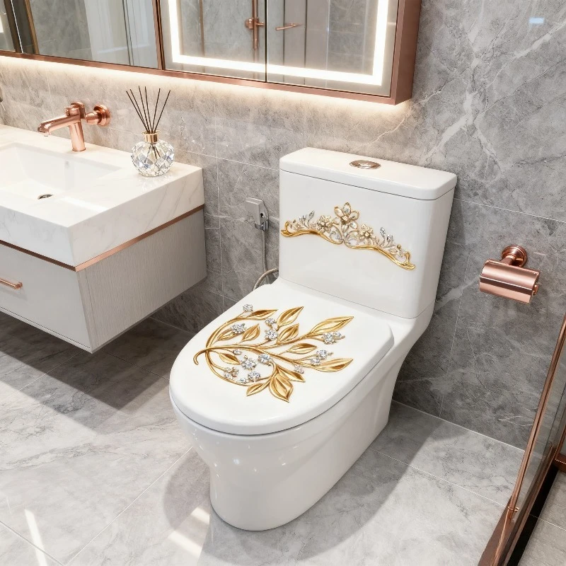 AD34160 New Gold Diamond Flower Toilet Seat Sticker Waterproof Self Adhesive Bathroom Home Decor Toilet Stickers Posters