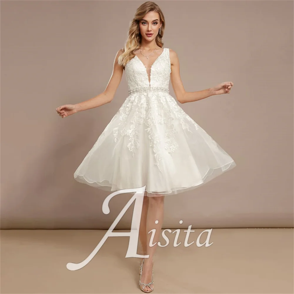 Nuovi abiti da sposa a-line con scollo a v in Tulle di pizzo al ginocchio con paillettes abiti da sposa per donna abito da sposa Vestidos De Novia