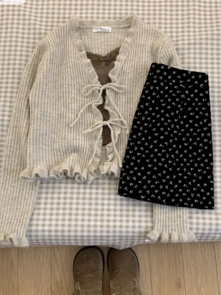 

Korean Gentle Sweet 3 Piece Sets Women Design Ruffle Knitted Cardigan Sweater + Camisole + Floral Skirts Harajuku Casual Clothes