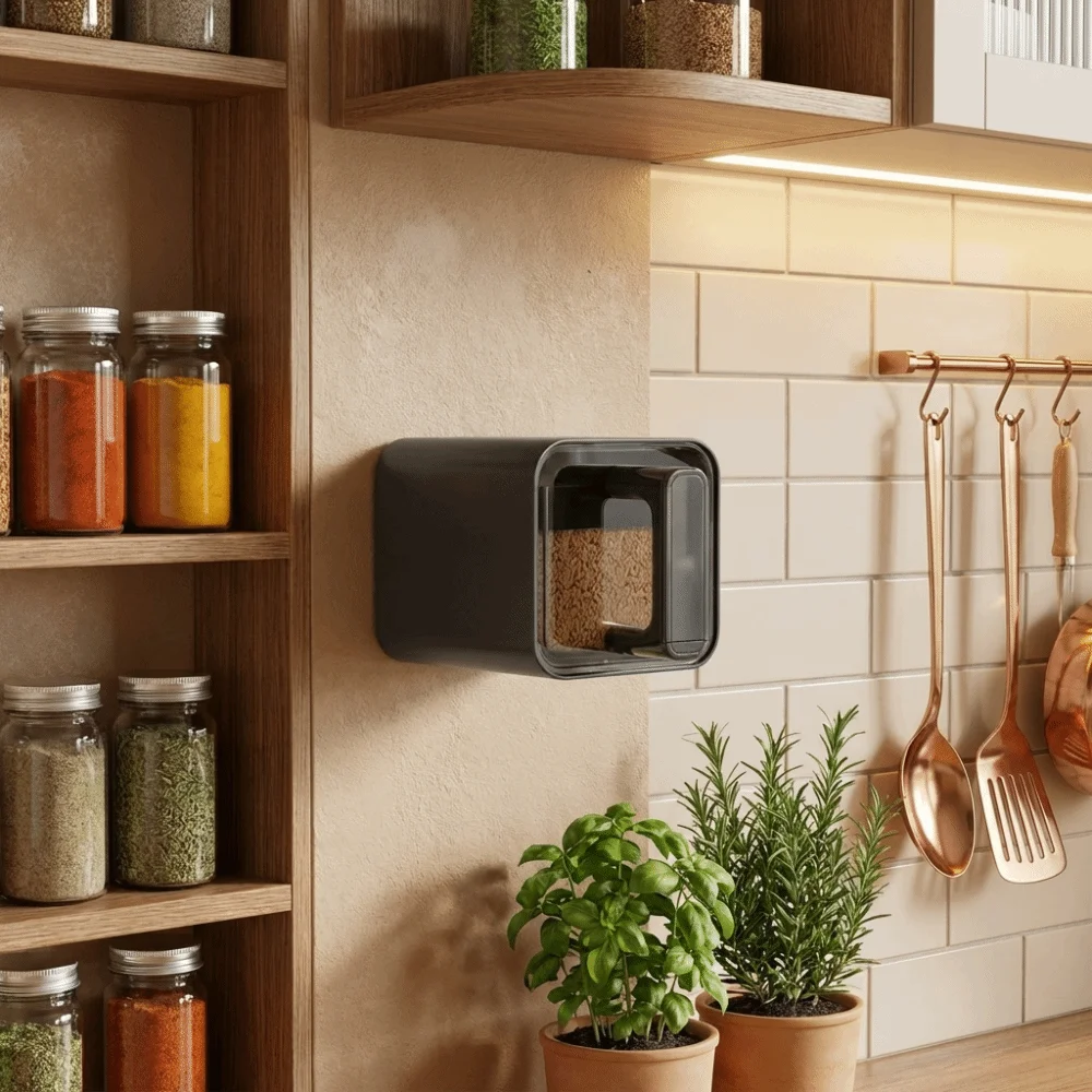 Wandmontiertes Gewürzaufbewahrungsregal für Zuhause, versiegelte Chili-Gläser ohne Bohren mit Löffel, Kunststoff-Salzgläser, Gewürzaufbewahrung