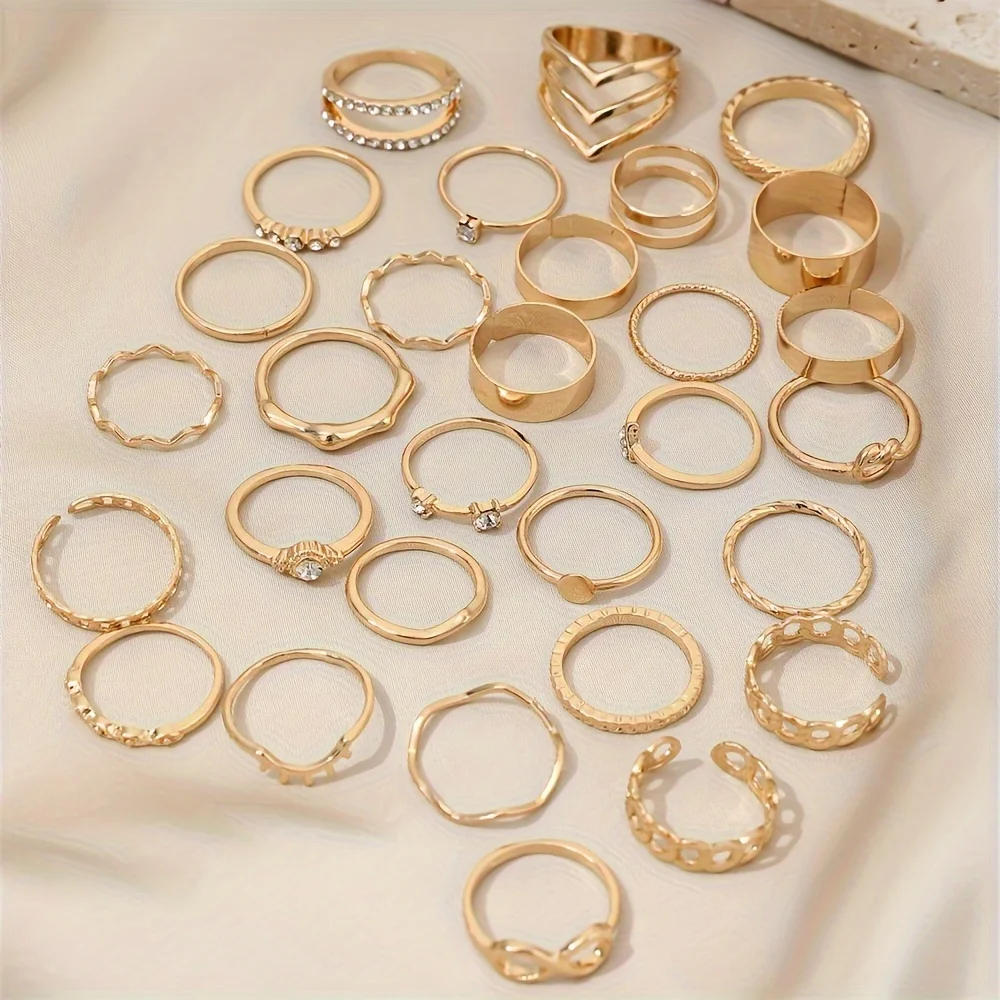 30pcs/set Elegant Stackable Rings Set With Shiny Rhinestone Inlaid, Fashion Infinity Knot Design, Vacation Style Perfect Stylish