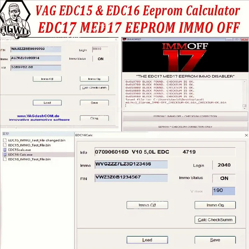 

3 in 1 Car Software VAG EDC15 & EDC16 Eeprom Calculator / Immo / Vin / Mileage / Pin and EDC17 MED17 IMMO Off in Eeprom or Flash