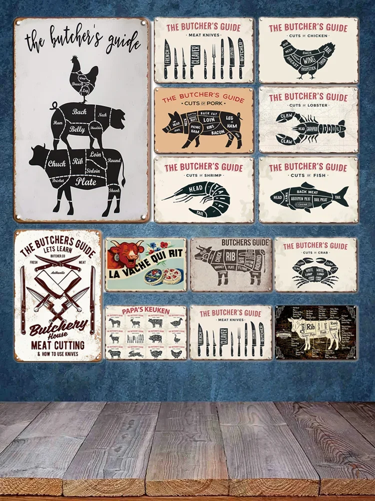 Antique The Butcher\'s Guide Metal Sign Vintage Kitchen Animal Market Decor Tin Sign Art Cut\'s Poster Metal Plate Wall Decoration