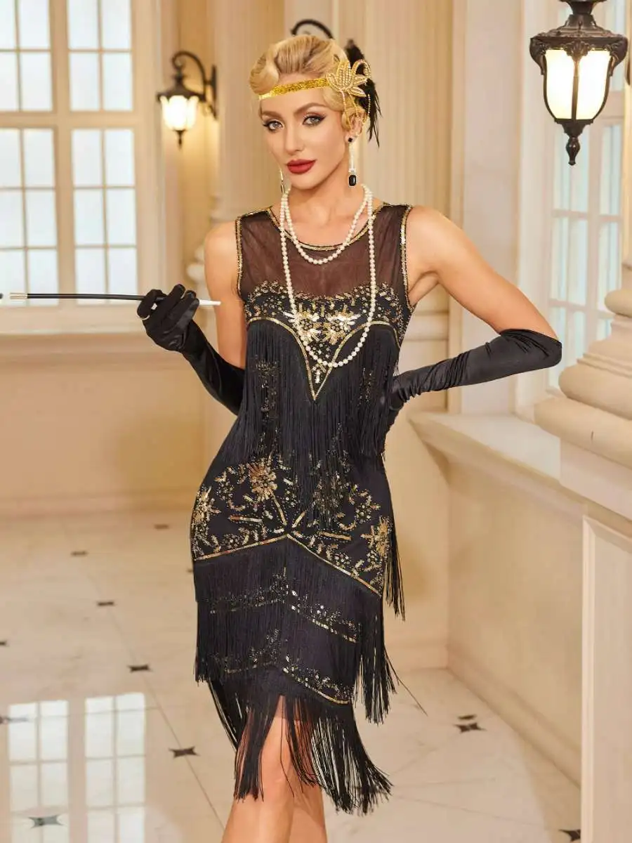 

Retro Embroidered Tassel Gown for Cocktail Party Large Size Sequin Beaded Net Dress Vintage Style Evening Gown for Women