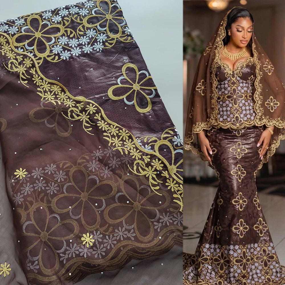 

5+2 Luxury Bazin Riche Stone Embroidered With Mesh Lace French Dubai Musilin Women Dress Material Guipure Basin Riche Lace