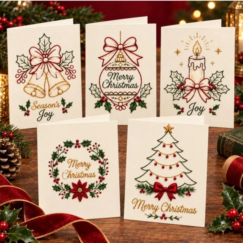 Christmas Happy Diy Set, A Set For Sewing Greeting Cards By Hand, Including Marking Sewing Points, Colored Thread And Beads