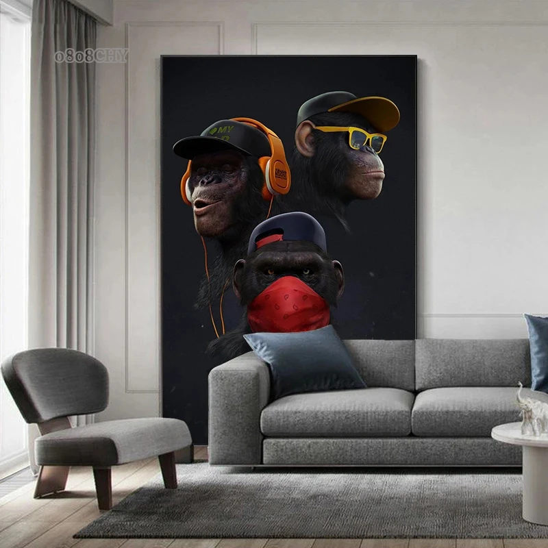 Three Cool Hip Hop Orangutans Canvas Painting Three Wise Swag Posters Listening To Music Monkeys Pictures for Home Decoration