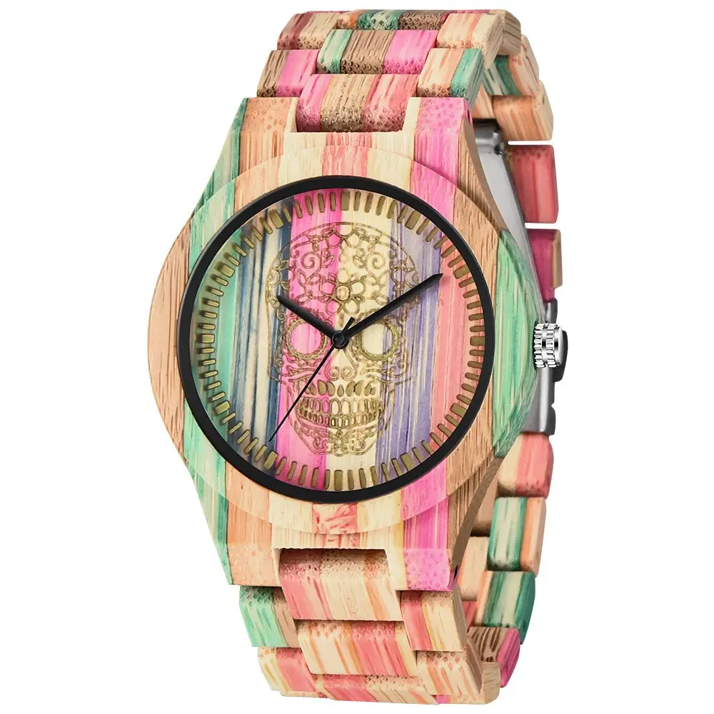 Kleurrijk Schedelpatroon Heren En Dames Hout Quartz Horloge Mode Business Street Fashion Accessoires Hout Klok