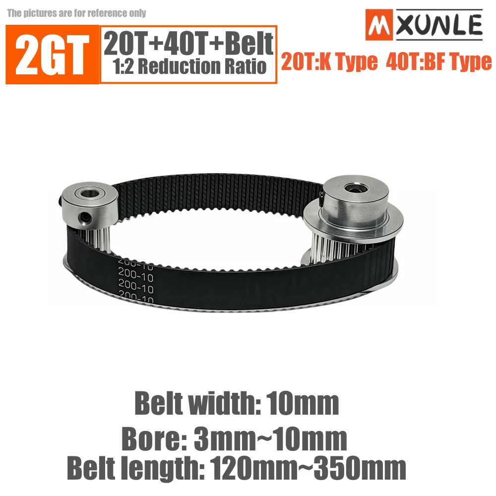2GT Timing pulley set 2:1 reduction ratio transmission component GT2 Pulley Belt Kit 40T 20Teeth Belt Width 10mm Bore 3~12mm