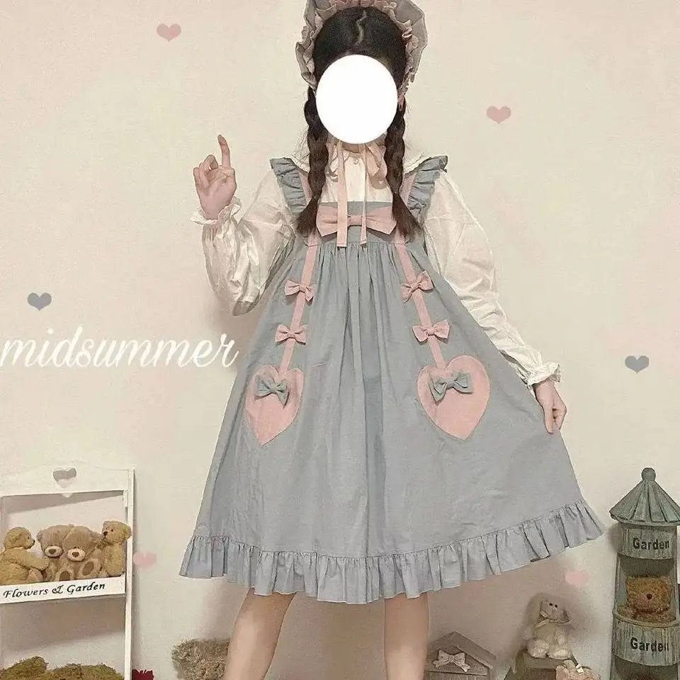 Lolita Blue Dress Kawaii Bow Ruffles Patchwork Short Dress Sweet Japanese Preppy Style Sleeveless Women Fashion Sundress