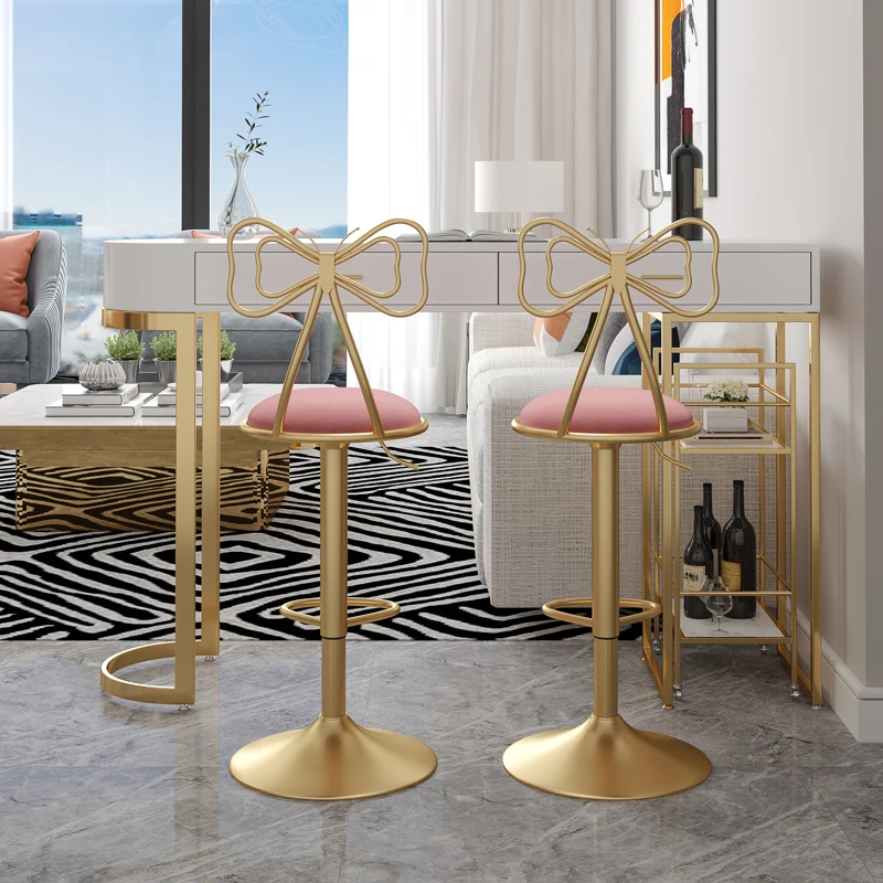 Aesthetic Relaxing Bar Chairs Metal Pink Long Comfortable Vanity Metal Soft Bar Chairs Design With Back Sillas Trendy Furniture