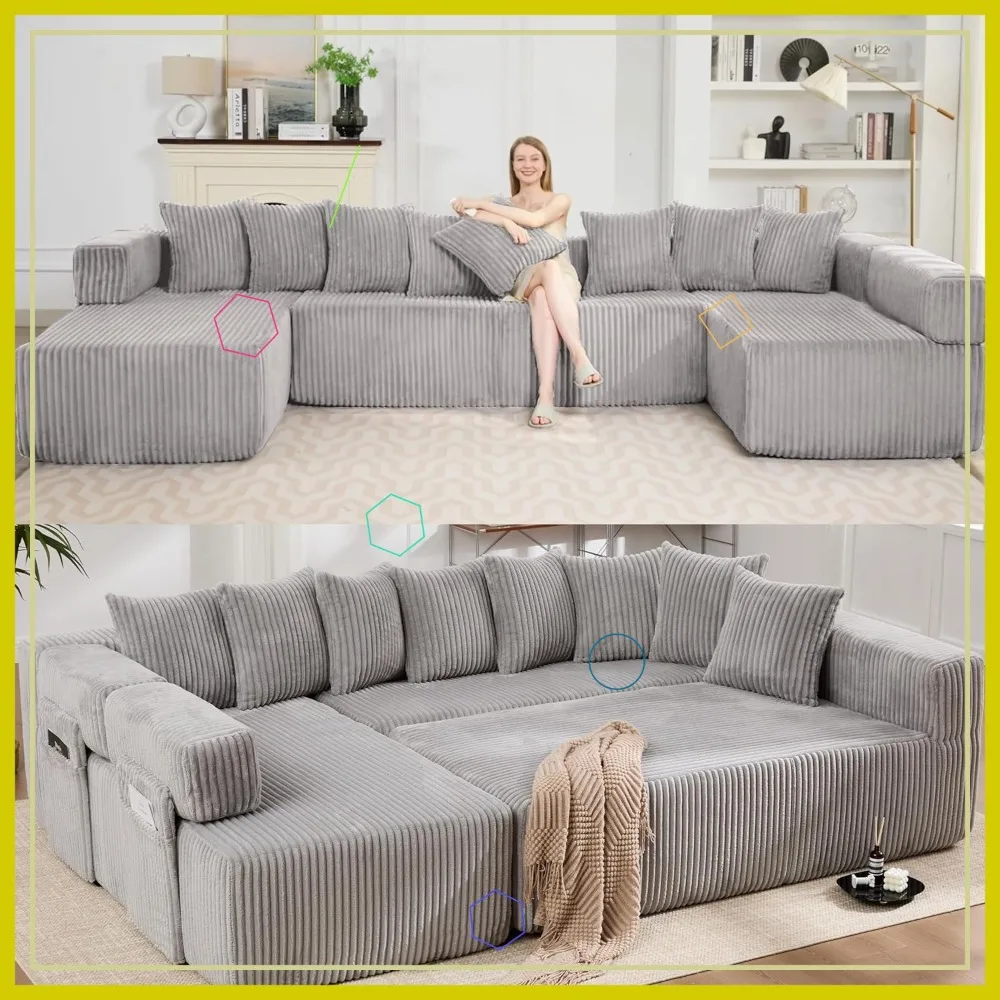 Sofá Modular Seccional en Forma de U Oversized Cloud Couch de 146 Pulgadas, Tapizado en Pana, No Requiere Montaje, Gris Claro