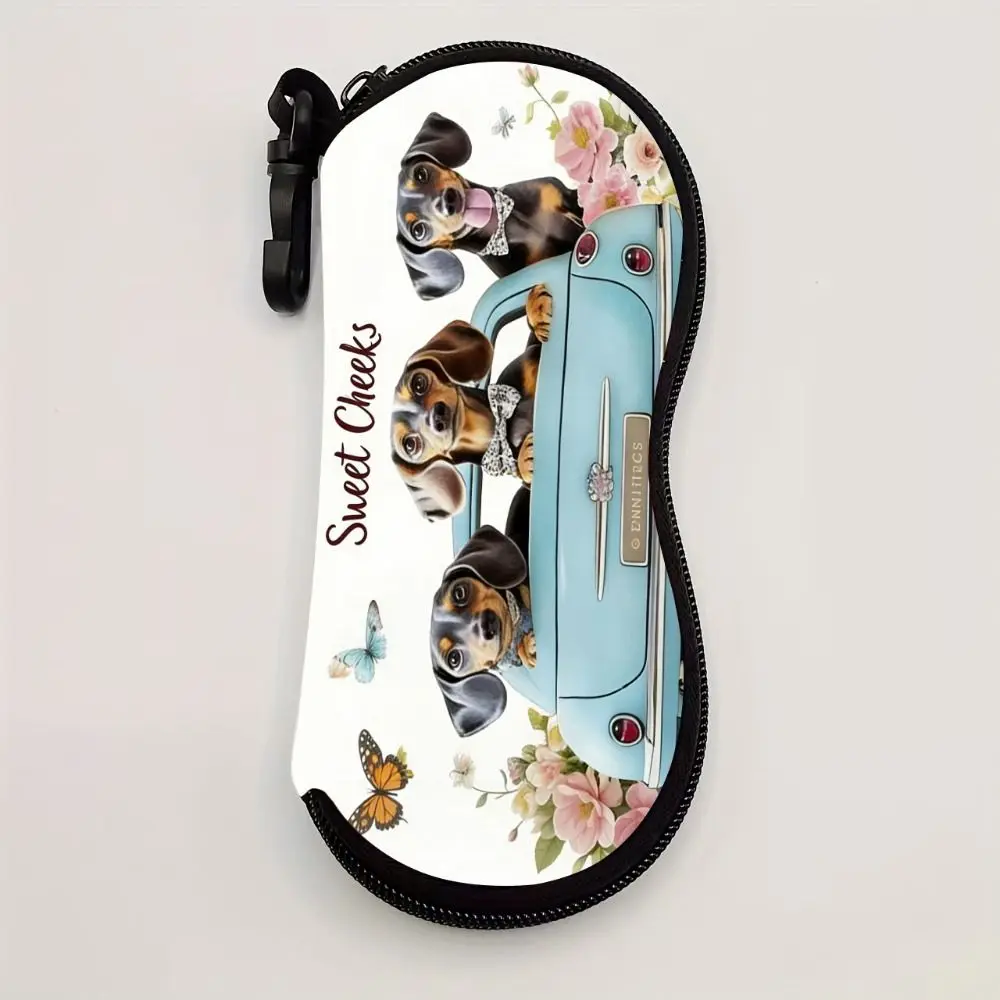 

Portable Hanging Dog Print Eyeglass Case Leather Water-resistant Sunglasses Storage Bag with Hook Soft Reading Glass Pouch Gifts