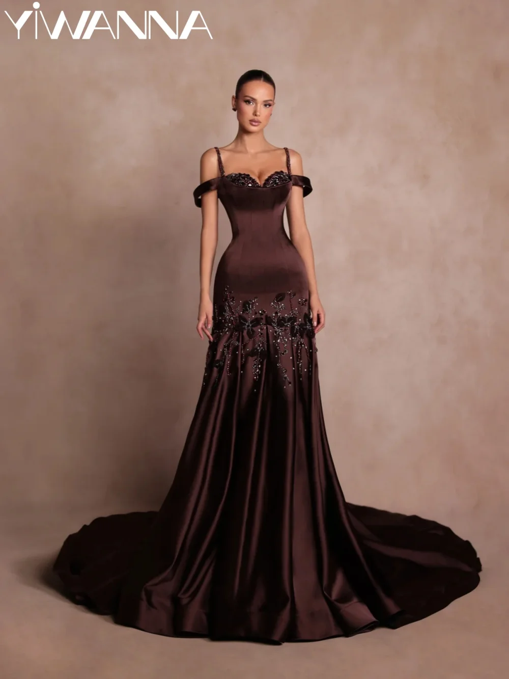 

Brown Satin Beaded Long Evening Dress Off Shoulder 3D Floral Wedding Party Gown Customized Elegant Sweetheart Neck Prom Dresses