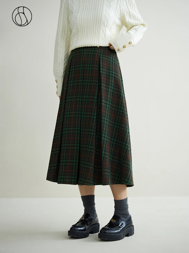 

DUSHU British Style Retro Plaid A-Line Skirt for Women Autumn and Winter Niche Design Preppy High Waist Umbrella Skirt Female