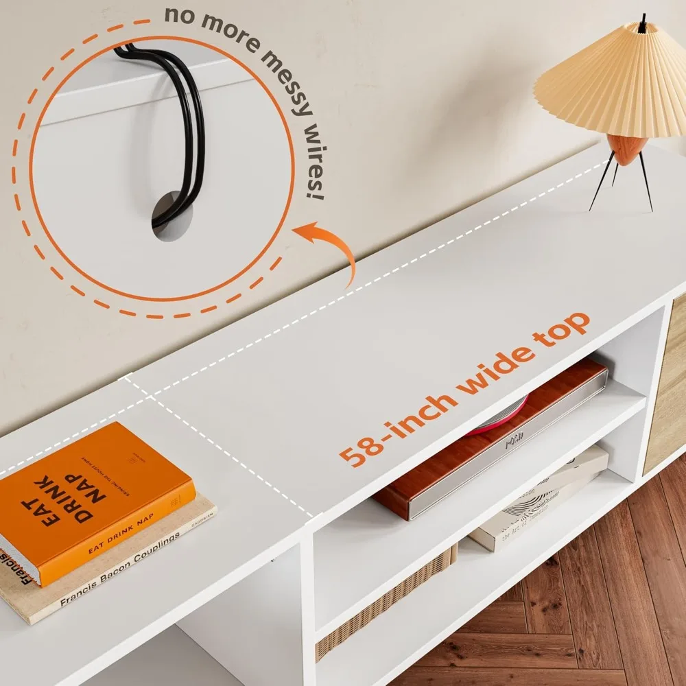 حامل تلفزيون حديث لمركز الترفيه التلفزيوني القديم مقاس 65 بوصة مع خزائن تخزين ووحدة تحكم الوسائط ذات أرفف مفتوحة