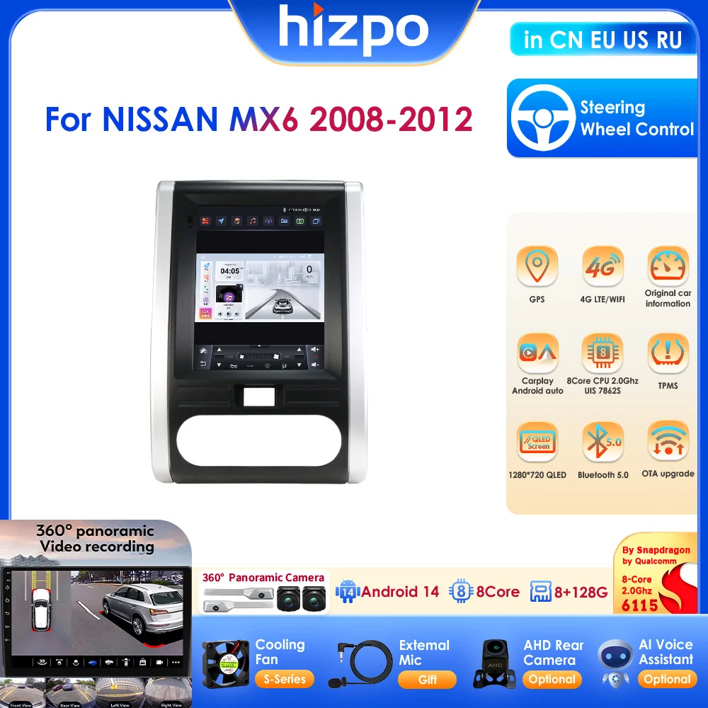 Radio Multimedia para Auto con Pantalla Táctil de 9.7" 2din, Carplay Inalámbrico y Android Auto para NISSAN MX6 2008-2012, Reproductor con Bluetooth, FM, GPS, Estéreo y OBD
