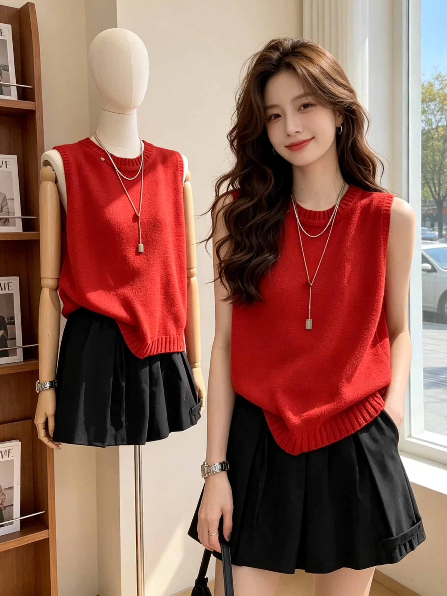 plus Size Red Slimming Button up Knitted Vest Women's Summer Thin No Sleeve Knit Tank Top Covering Flank Fat MM Appearing Skinny