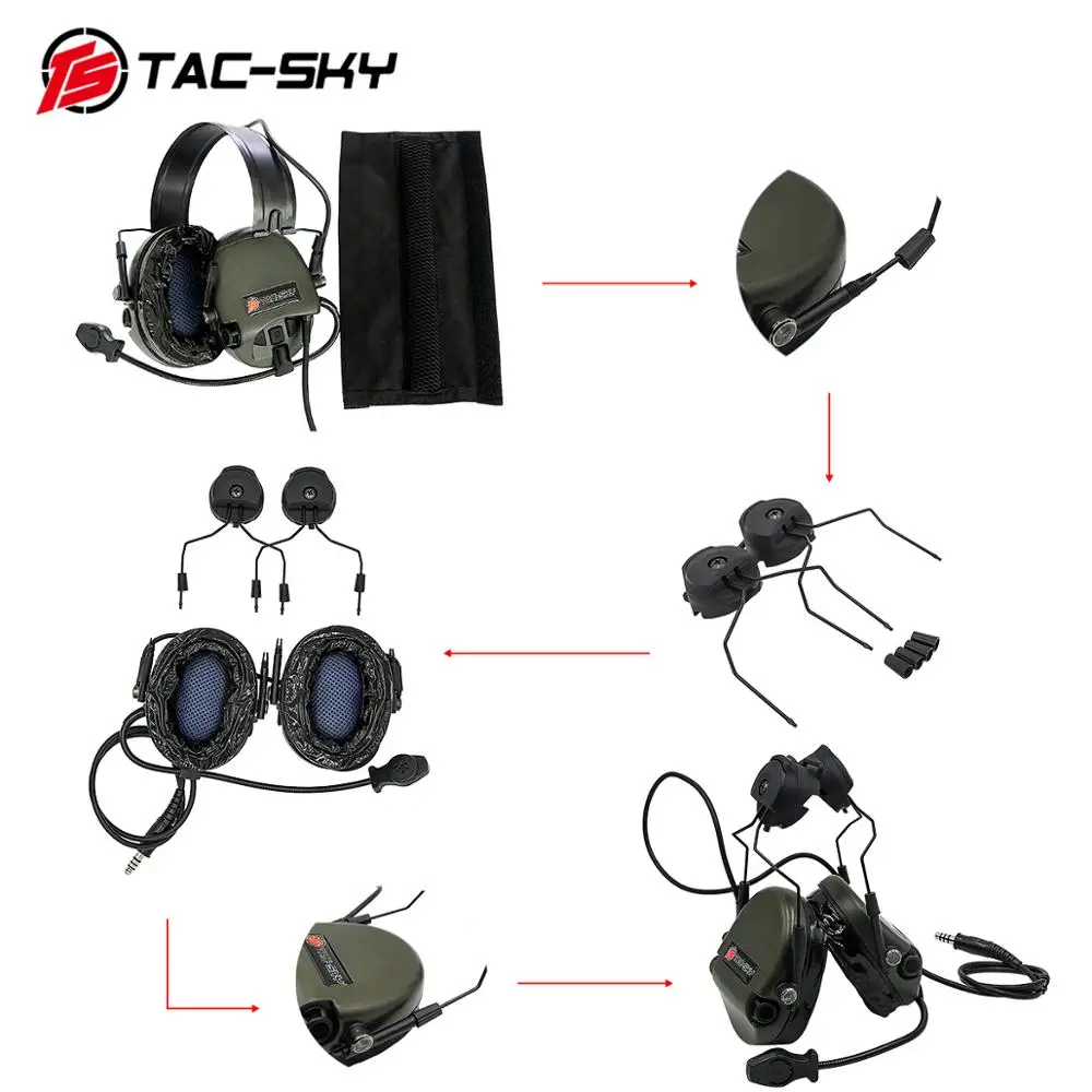 TAC-SKY TEAHEADSET Hi-Threat Tier 1 Noise Cancelling Tactical HEADSET Silicone Earmuffs + U94 PTT Compatible ARC Helmet Adapter