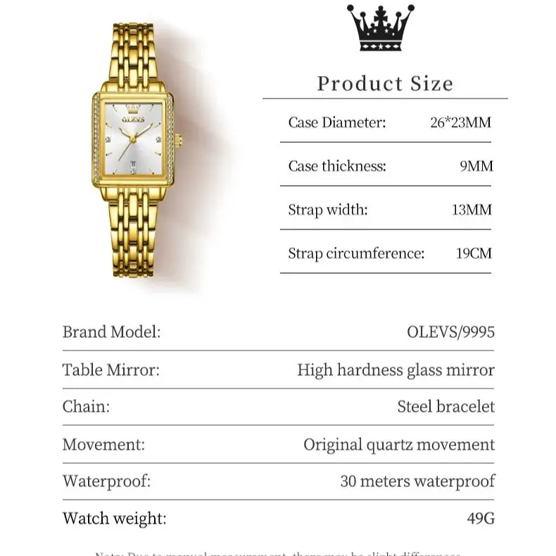 OLEVS-Relógio de Quartzo Impermeável Clássico Feminino, Relógio de Luxo Feminino, Diamante Elegante, Aço Inoxidável Dourado, Marca Original, 9995