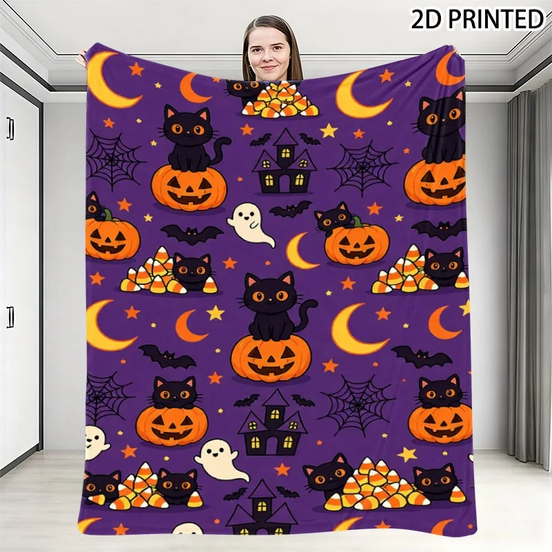 Playful Halloween Throw Blanket with Purple Background & Whimsical Pattern (Black Cats, Grinning Jack-O'-Lanterns, Ghosts, Bats,