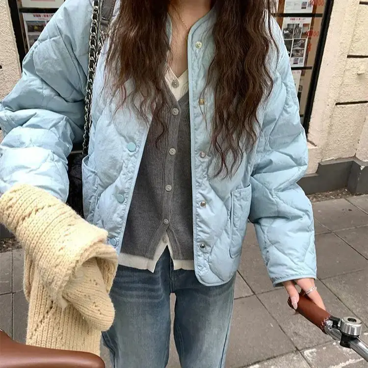 Sky Blue Quilted Padded Cotton Parkas Coat Autumn Winter Solid Jacket Loose Casual Students Sweet Outerwear Korean Fashion