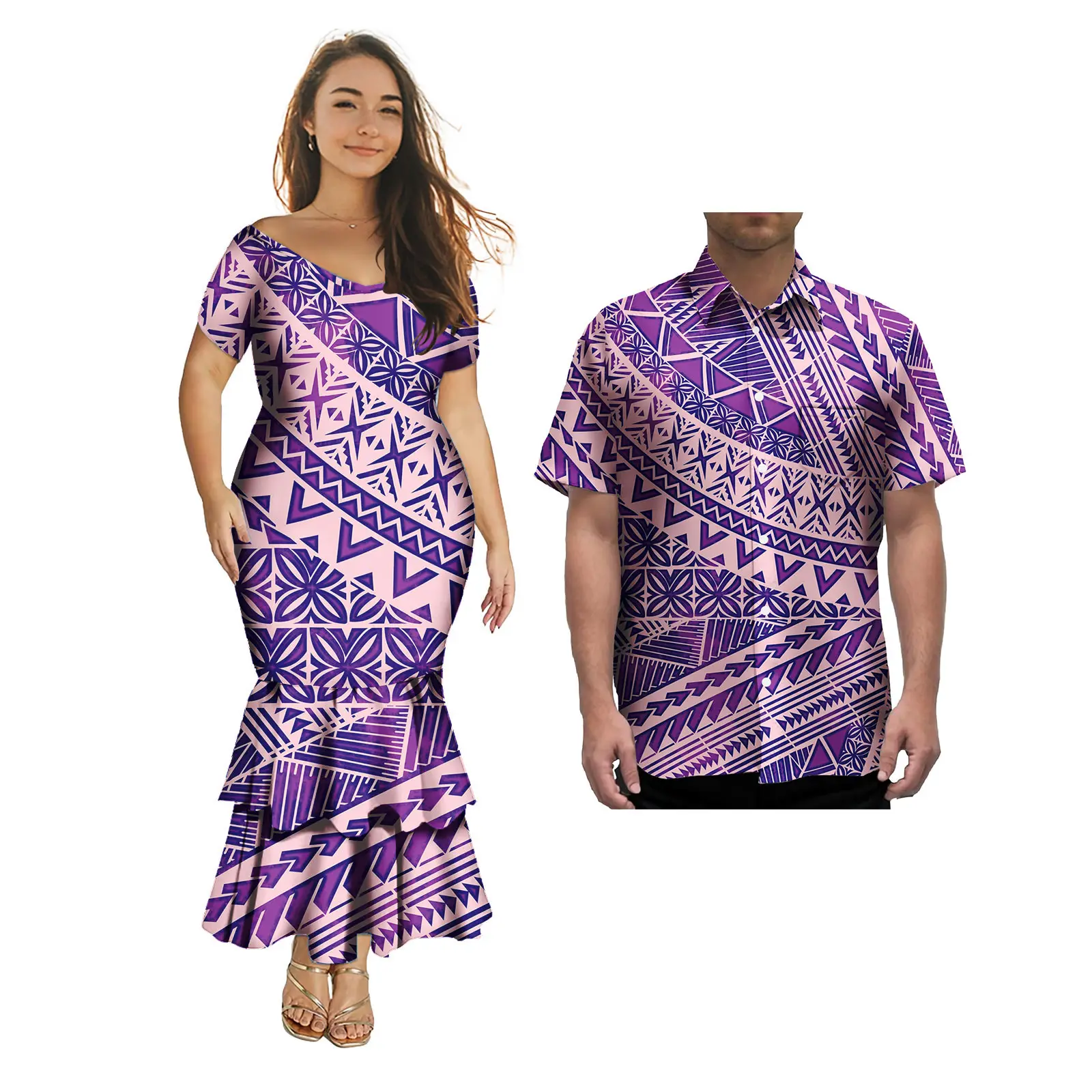 การจับคู่คู่ชุด Polynesian ออกแบบที่กําหนดเอง Elegant ผู้หญิงชุดนางเงือกและเสื้อฮาวาย Aloha เกาะคู่ 2 ชิ้นชุด