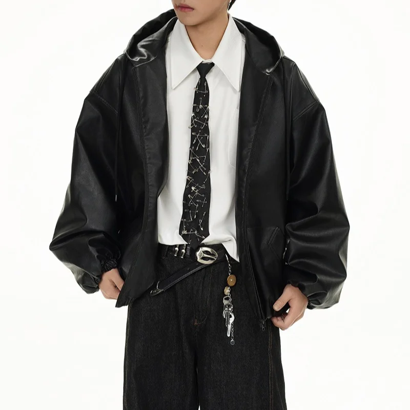 

Vintage High Street Ruffian Handsome PU Solid Color Black Leather Jacket Men's Hooded Loose Couple Jacket