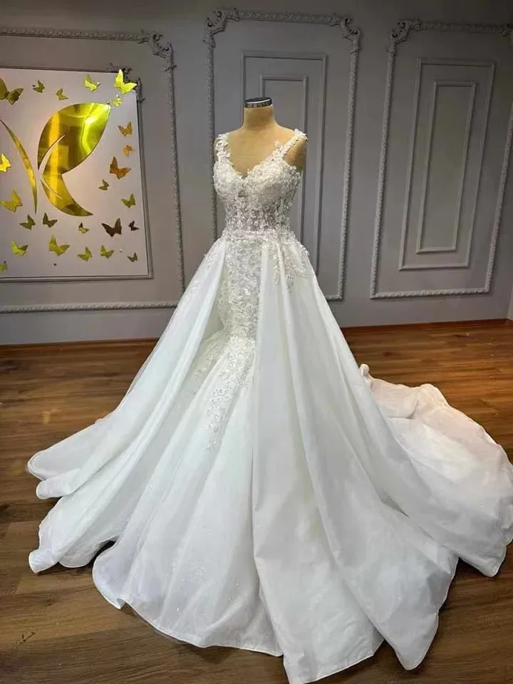 V Neck Wedding Dresses Women 2024 Spaghetti Strap Detachable Tail Bridal Gowns Lace Appliques Backless Robes Vestidos De Novia