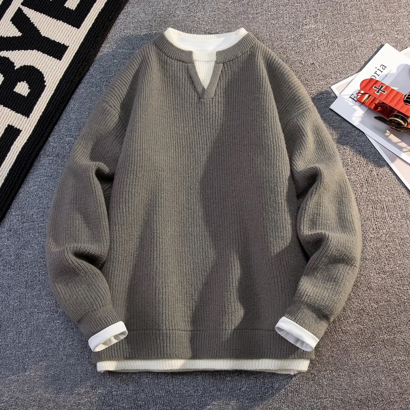 

Мужской повседневный вязаный свитер с длинным рукавом, свободный крой, осенне-зимний, новый стиль, молодежный, универсальный, имитация двухслойности