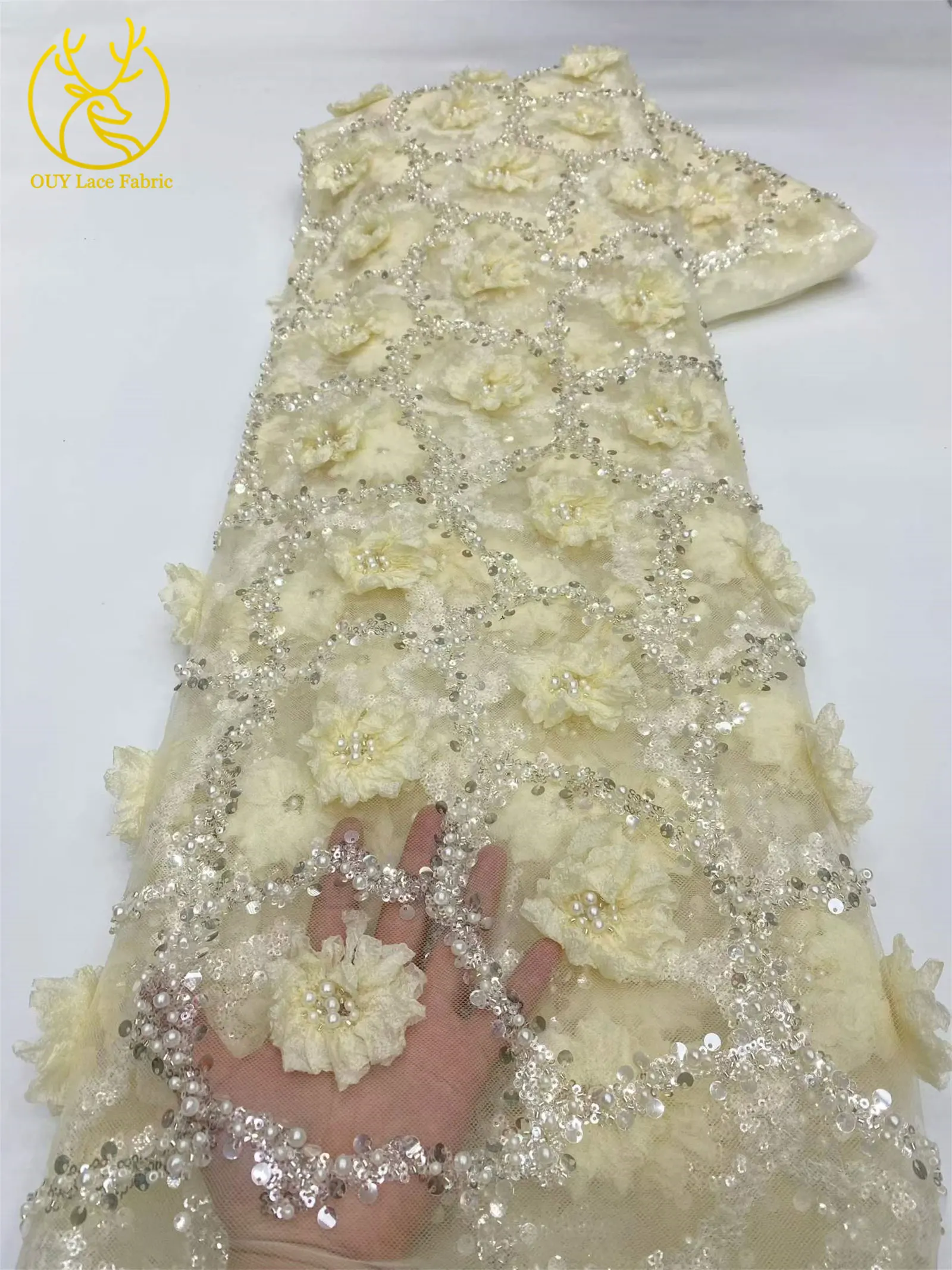 Elegantes Abendkleid 3D-Blumen-Spitzenstoff Afrikanischer Pailletten-Perlen-Spitzenstoff Hochwertiger Nigerianischer Französischer Tüll-Spitzenstoff – Detail 9