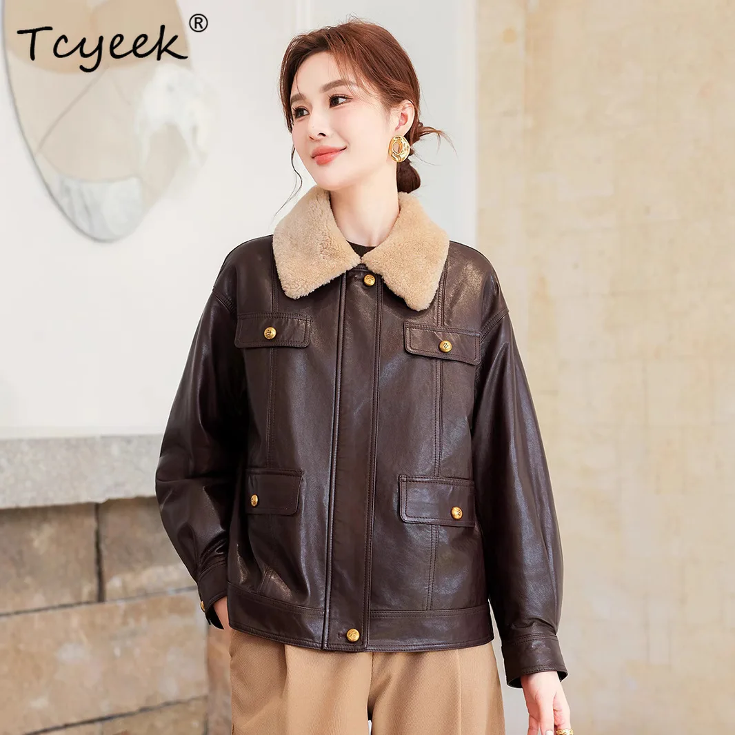 Tcyeek سترة جلدية أصلية للنساء ملابس شتوية معطف من جلد الغنم الحقيقي امرأة بيضاء أوزة أسفل معاطف نسائية الصوف الفراء طوق #3
