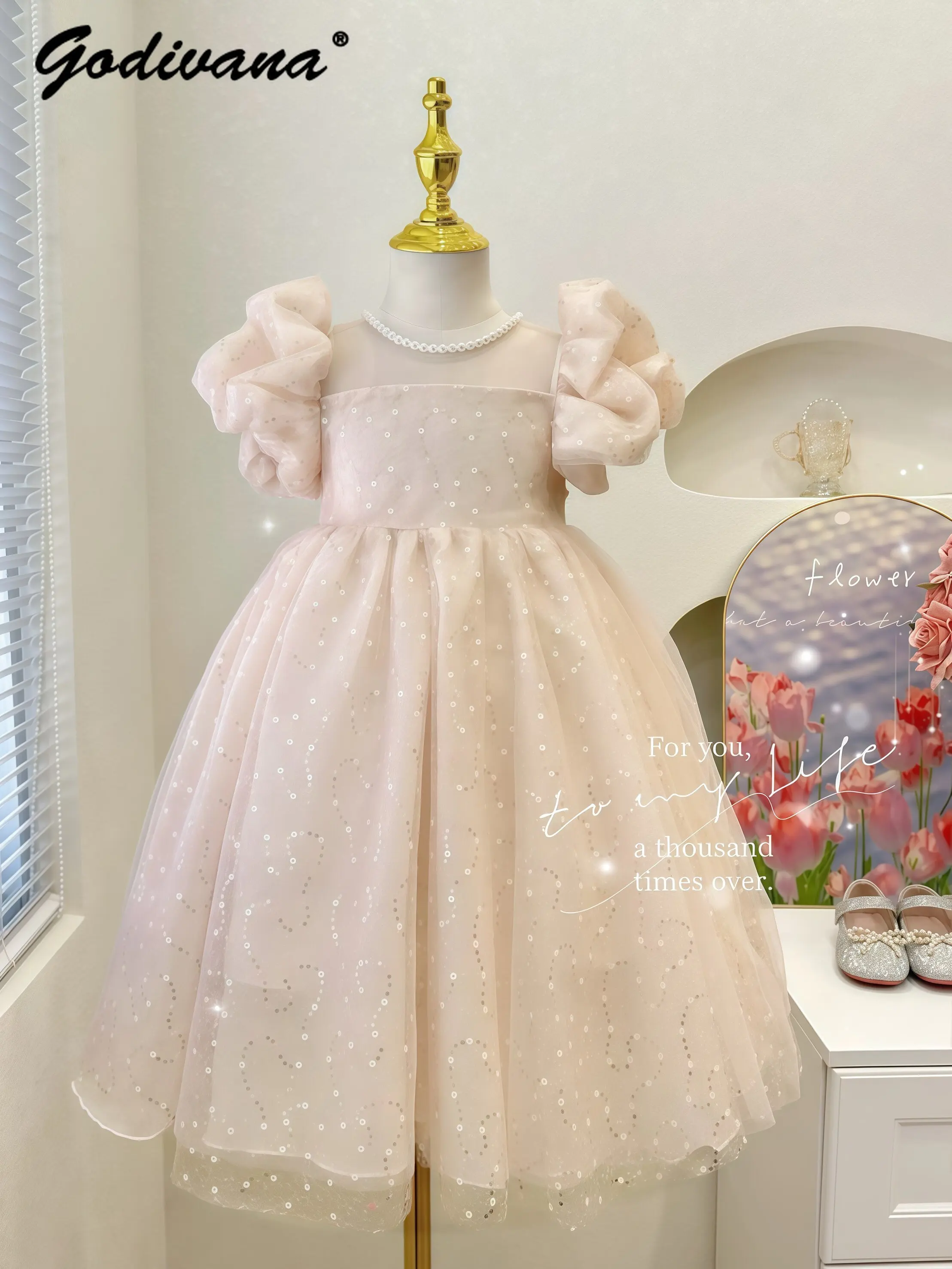 Sweet Baby Girls Summer New Princess Dress Kids Fashion Puff Sleeve Sequined Pearl Collar Flower Girl Birthday Party Ball Gown