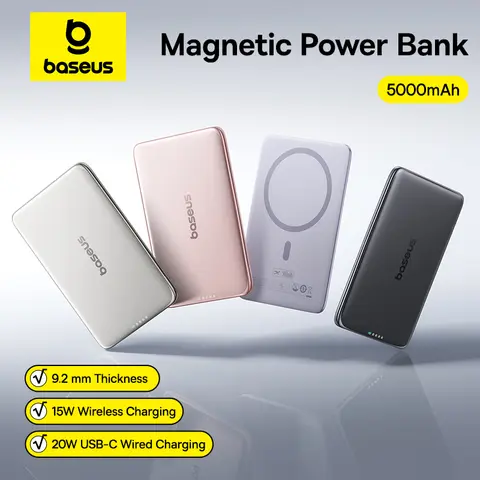 Baseus 5000mAh Magnetic Power Bank 15W Wireless 20W Wired Charging Thin Card-Sized Slim Portable Powerbank for iPhone 17 Samsung