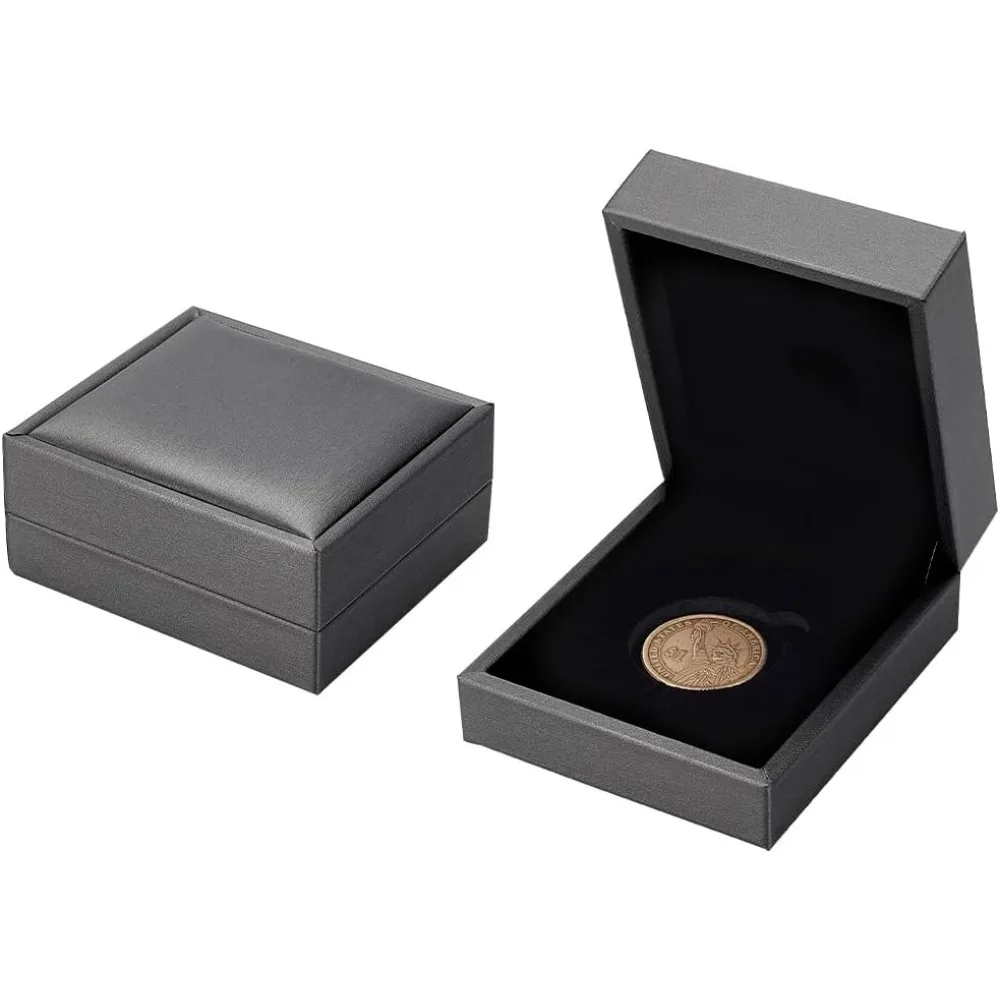 2 Pcs 30mm Coin Presentation Display Box Grey Color Rectangle PU Imitation Leather Coin Storage Boxes with Velvet Inside