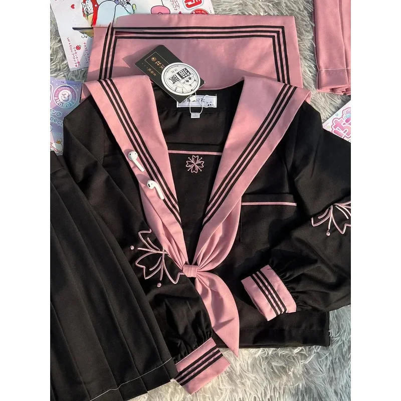 

Nicemix JK Original Kawaii Suit Japanese Genuine Cherry Blossom Embroidered Top + Dark Bad Jk Uniform Skirt Girly Sailor Suit
