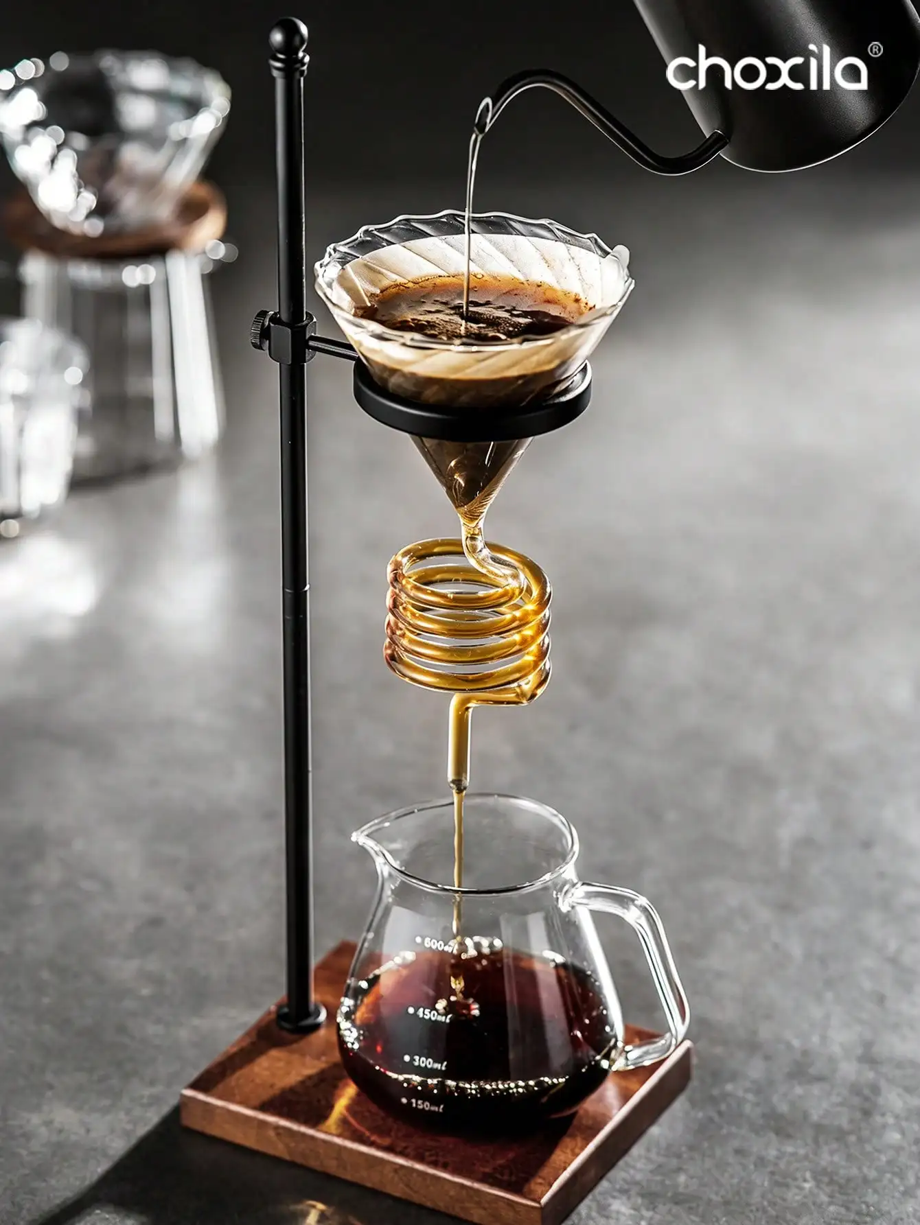 1pc Spiral Diagonal Coffee Filter Cup Holder, Wooden Base Stainless Steel Stand for Home Coffee Corner
