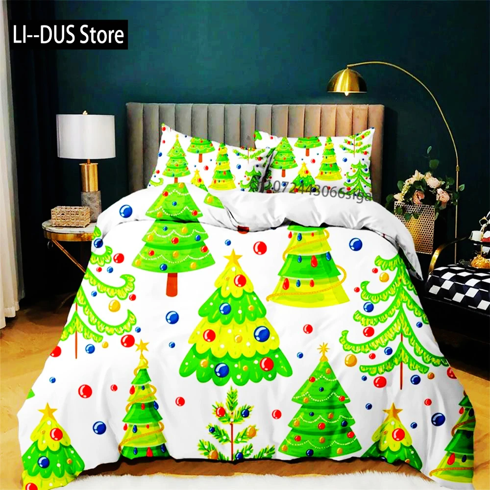 Festive Christmas Tree Bedding Set, Green And White Duvet Cover, Holiday Quilt Cover, Dorm Bedding, Vibrant Bedspread, Holiday