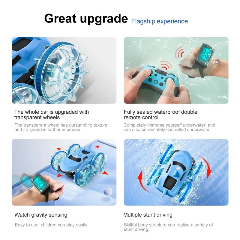 Carro dublê anfíbio atualizado com água e terra de tubarão à prova d'água com controle remoto duplo e luzes LED