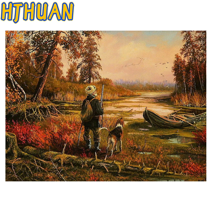 5D DIY Diamond Painting, Sunset Hunter and Forest Landscape, Cross Stitch, Full Square and Round Drill, Mosaic Embroidery